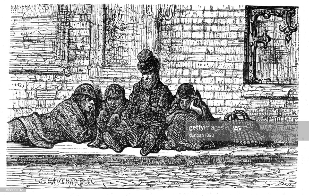 "Vintage engraving showing a scene from 19th Century London England. Homeless people asleep in the street, Whitechapel, circa 1870"